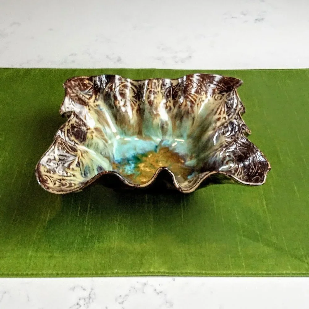 K Riel Art Pottery Glazed Square Ruffled Rim Bowl